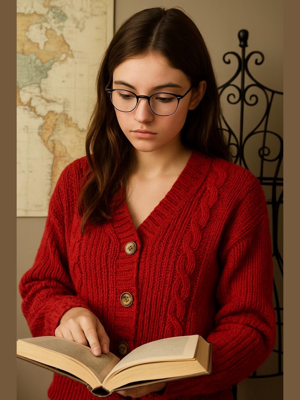 True Craft Cable-Knit Red Cardigan with Wooden Buttons